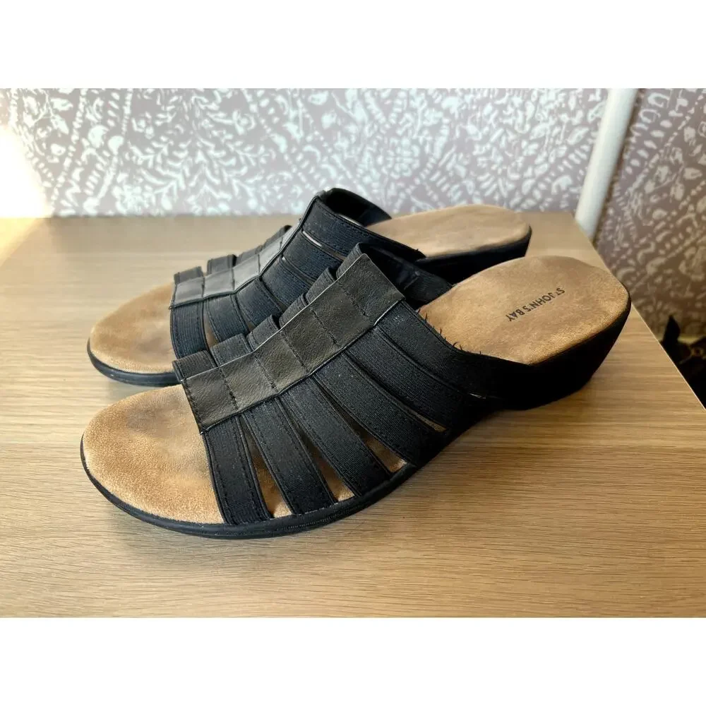 St John's Bay Izabel Black‎ Strappy Slip On Comfort Slide Mule Sandals